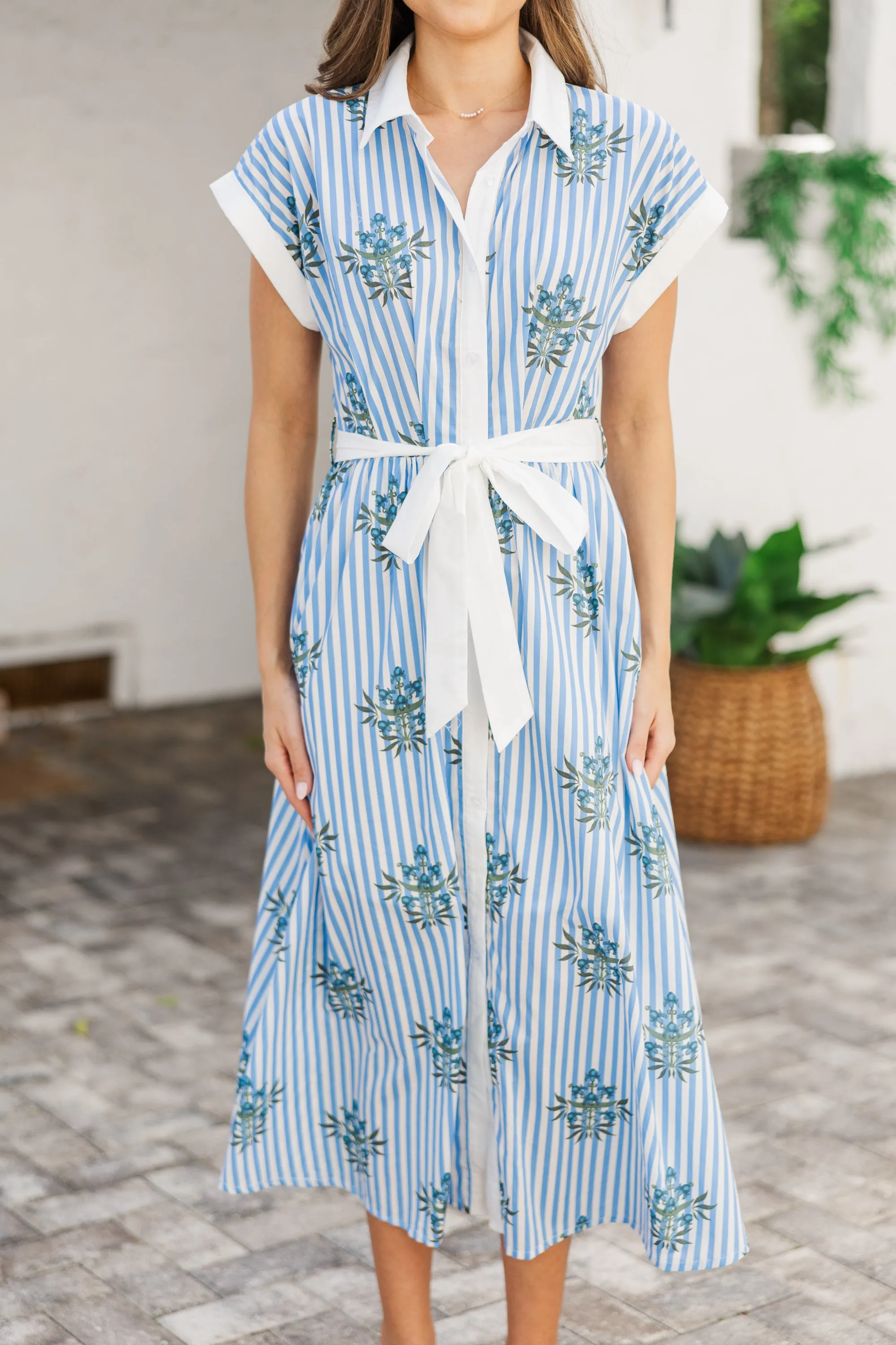 Walk Along Blue Striped Floral Midi Dress