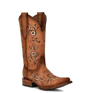 Women's L2063 Floral Embroidery Square Toe Cowboy Boots Sandalwood