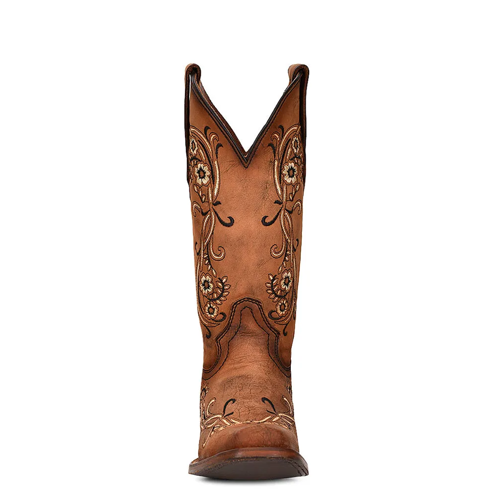 Women's L2063 Floral Embroidery Square Toe Cowboy Boots Sandalwood