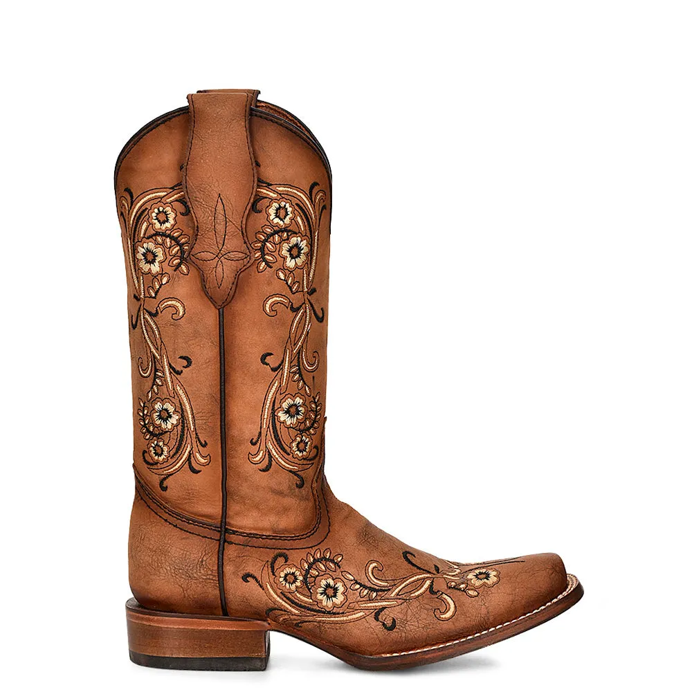 Women's L2063 Floral Embroidery Square Toe Cowboy Boots Sandalwood