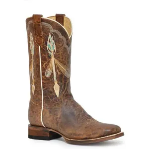 Women's Roper Arrow Feather Leather Boots Handcrafted Brown