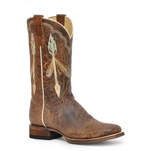 Women's Roper Arrow Feather Leather Boots Handcrafted with Flextra Calf Brown