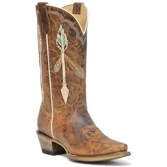 Women's Roper Arrow Feather Leather Boots Handcrafted with Flextra Calf Brown